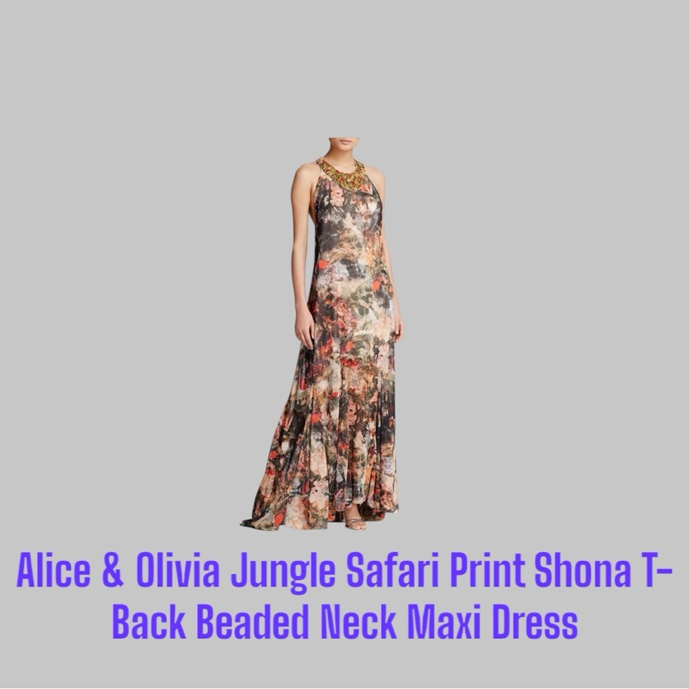 Alice + Olivia Jungle Safari Print Shona T-Back Bead Neck Maxi Dress sz M